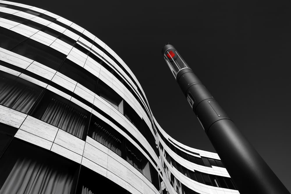 Modern Building Red Glow by Hans-Wolfgang Hawerkamp — canvas wall art