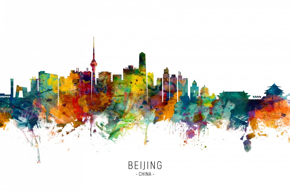 Beijing Watercolor Skyline by Michael Tompsett — canvas wall art