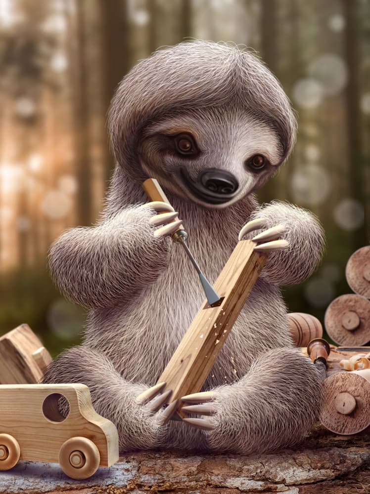 Baby Sloth Woodworker by Adam Lawless — canvas wall art