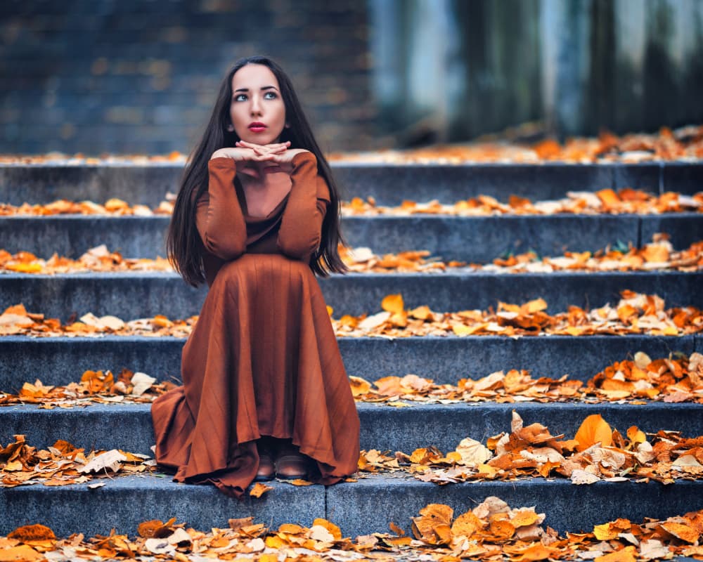 Thoughtful Girl Autumn Stairs by Vasil Nanev — canvas wall art