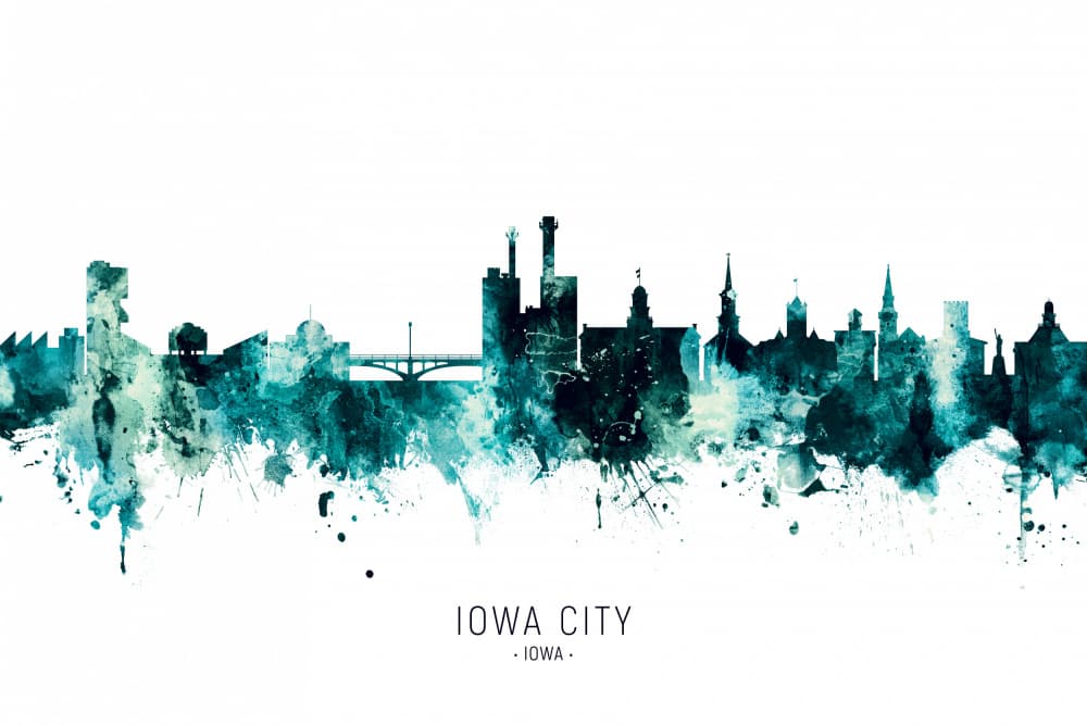 Iowa City Skyline Watercolor by Michael Tompsett — canvas wall art