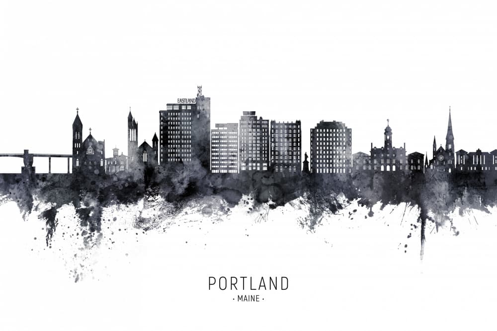 Portland Maine Watercolor Skyline by Michael Tompsett — canvas wall art