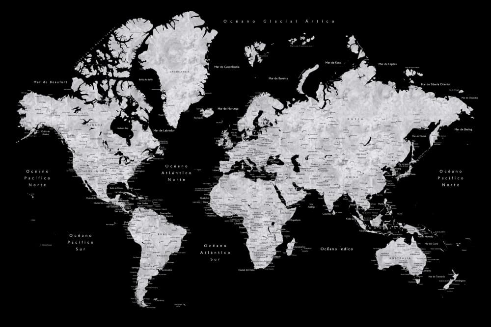Black White World Map by Rosana Laiz Blursbyai — canvas wall art