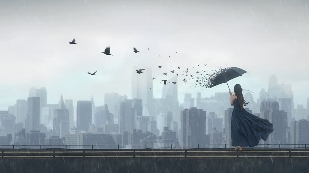 Woman With Dissolving Umbrella by Terry F — canvas wall art
