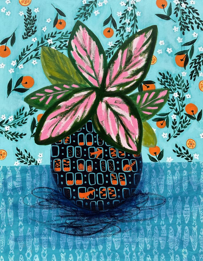 Pink Leaf Plant with Oranges by Shelley Hampe — canvas wall art