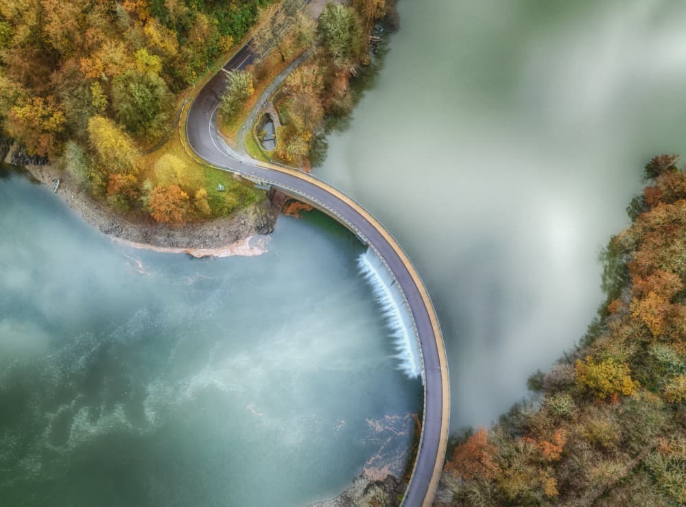 Winding Autumn Bridge Waterfall by Guy Krier — canvas wall art