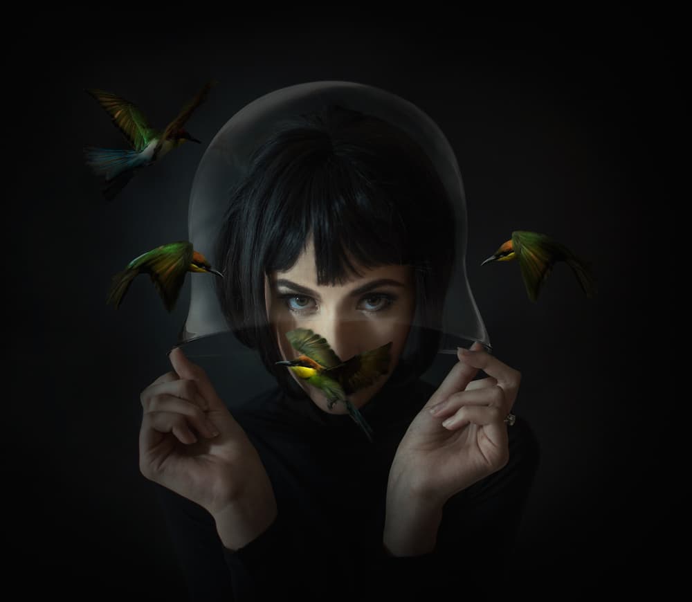 Mysterious Woman and Birds by hardibudi — canvas wall art