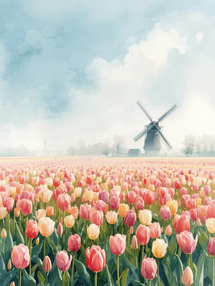 Watercolor Tulip Windmill by Ohkimiko — canvas wall art