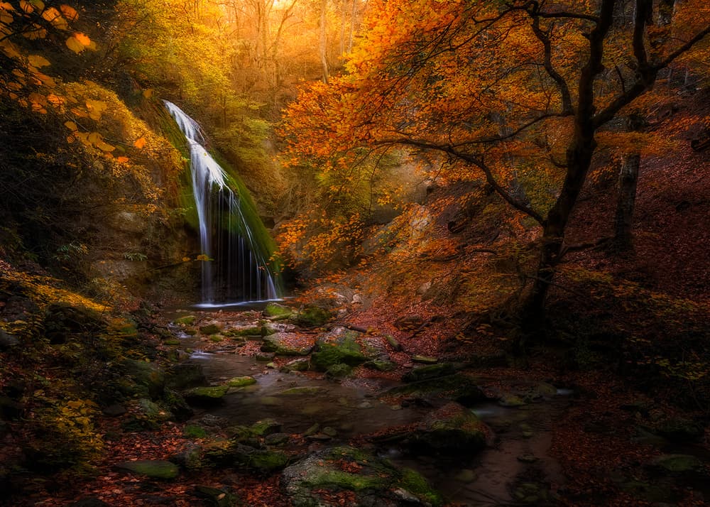 Vibrant Autumn Waterfall by Kirill Volkov — canvas wall art