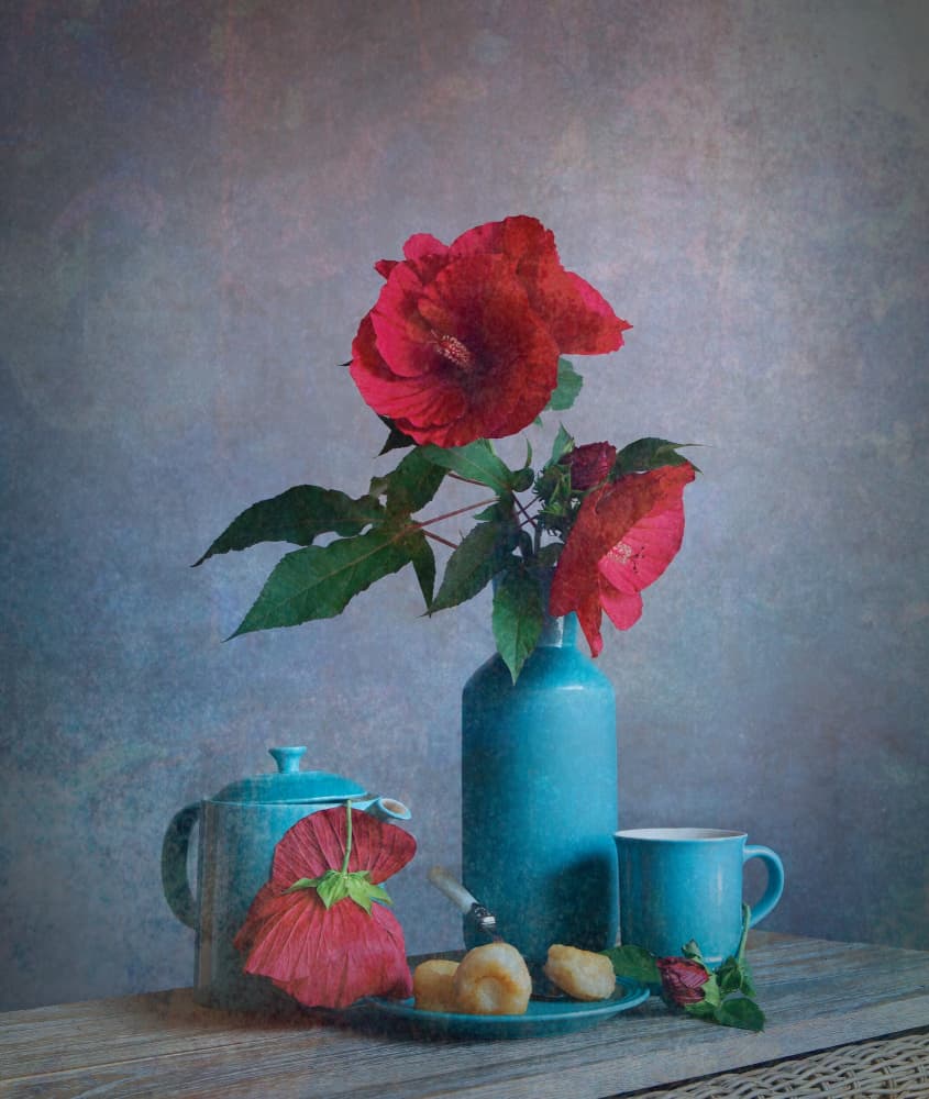 Red Flowers Turquoise Still Life by Fangping Zhou — canvas wall art