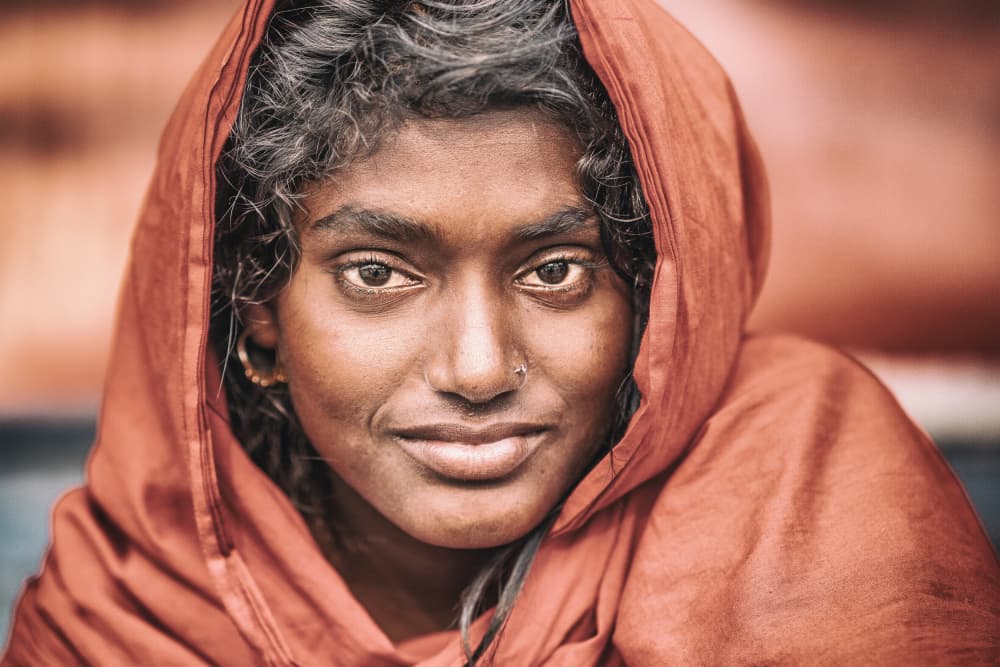Smiling Red Scarf Woman by Marcel Rebro — canvas wall art