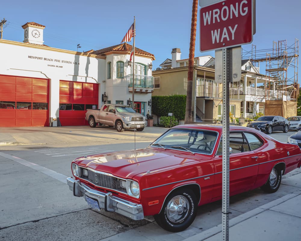 Vintage Red Car Firehouse by Leah Guo — canvas wall art