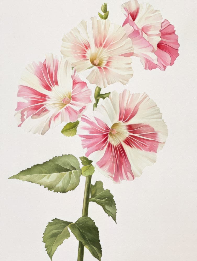 Striped Hollyhock Blooms by Bilge Paksoylu — canvas wall art