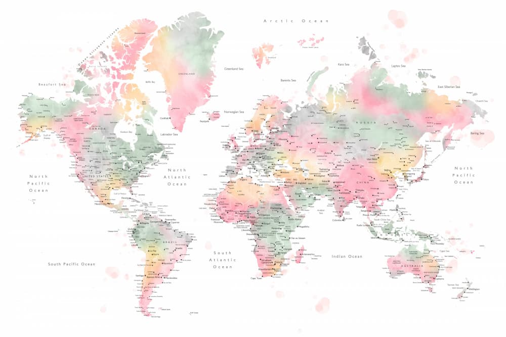 Soft Watercolor World Map by Rosana Laiz Blursbyai — canvas wall art