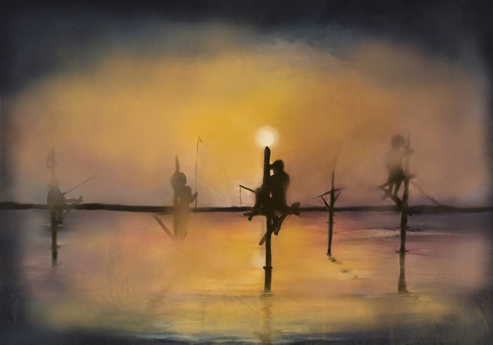 Stilt Fishermen Sunset by Monica Lindblom — canvas wall art