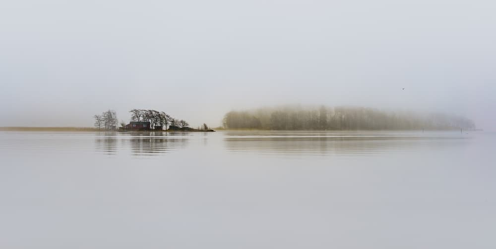 Misty Lake Island House by Carlos_Grury_Santos — canvas wall art