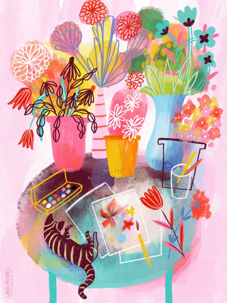 Artistic Flowers And Cat by uta krogmann — canvas wall art