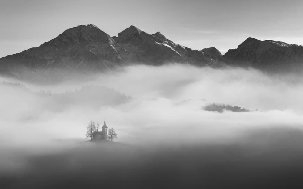 Misty Mountain Church by Ales Krivec — canvas wall art