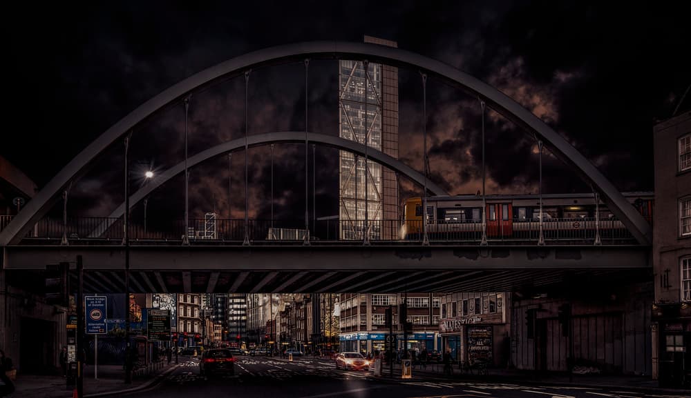 Dark City Train Arch by Jackson Carvalho — canvas wall art