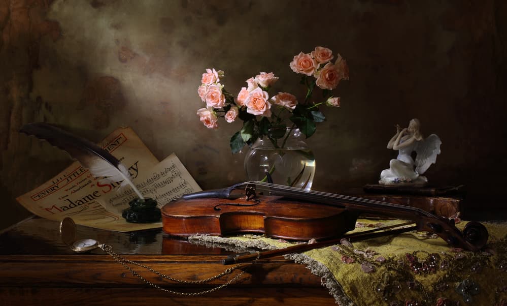 Romantic Violin and Roses by Andrey Morozov — canvas wall art