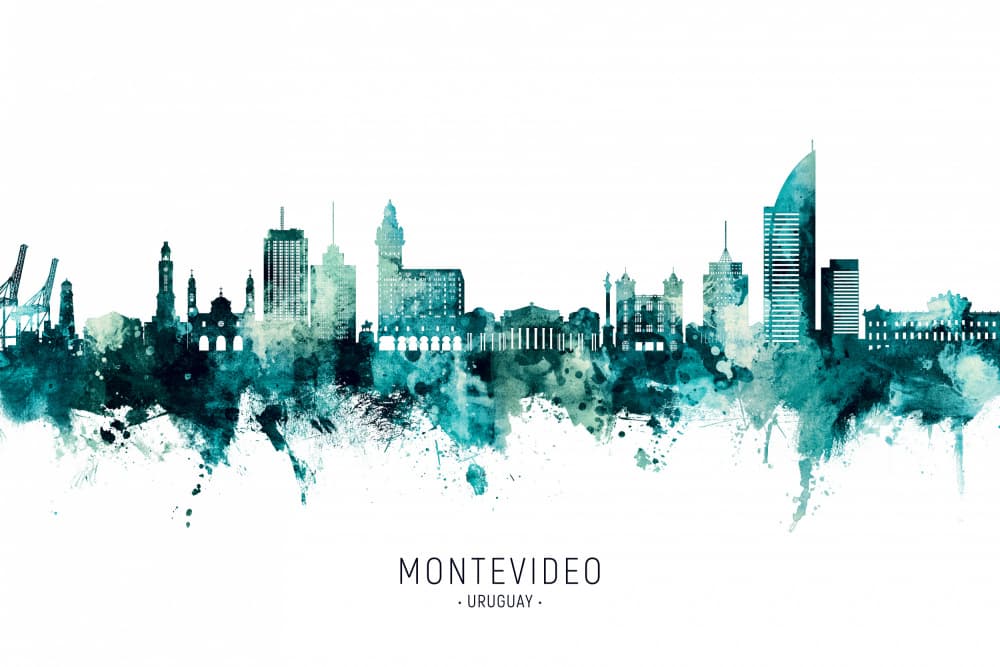 Montevideo Watercolor Skyline by Michael Tompsett — canvas wall art