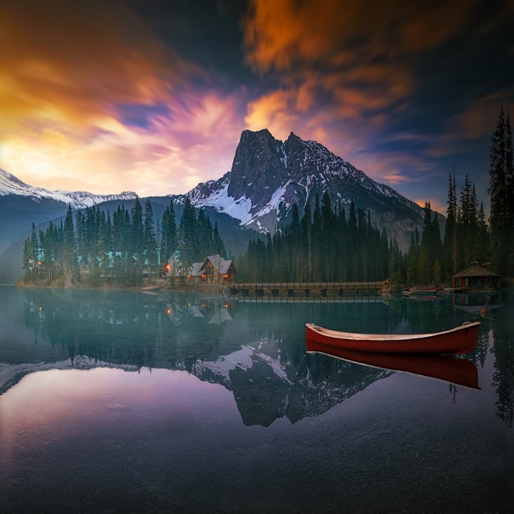 Emerald Lake Sunset Canoe by joanaduenas — canvas wall art