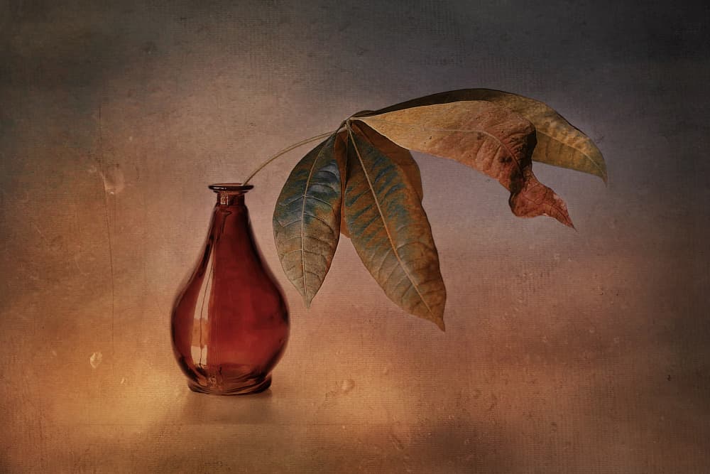 Red Vase Autumn Leaves by Elena Arjona — canvas wall art