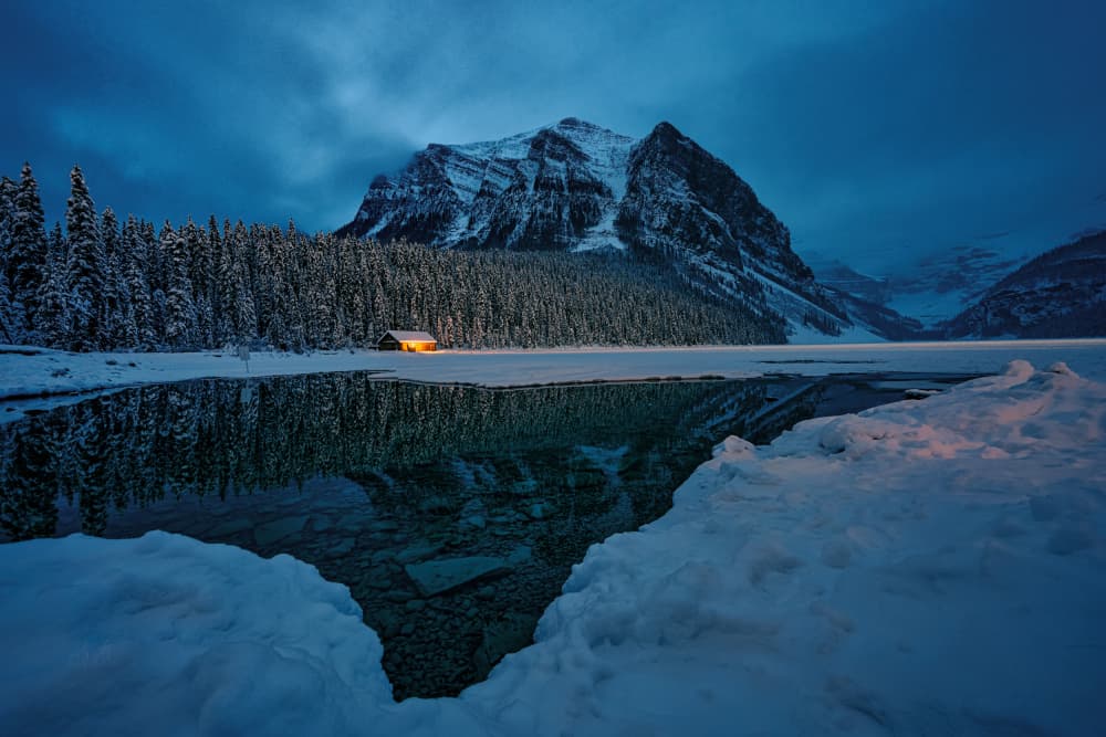 Snowy Mountain Lake Reflection by Lydia Jacobs — canvas wall art