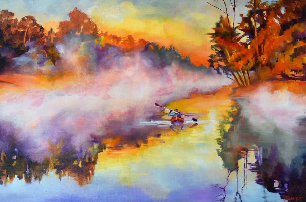 Colorful Misty Morning Paddle by Maxine Shore — canvas wall art