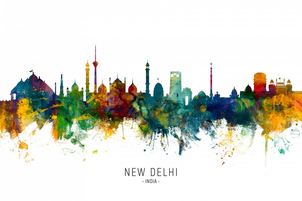 New Delhi Watercolor Skyline by Michael Tompsett — canvas wall art