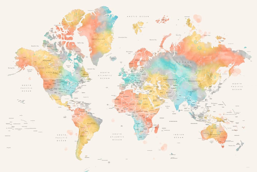 Watercolor World Map by Rosana Laiz Blursbyai — canvas wall art