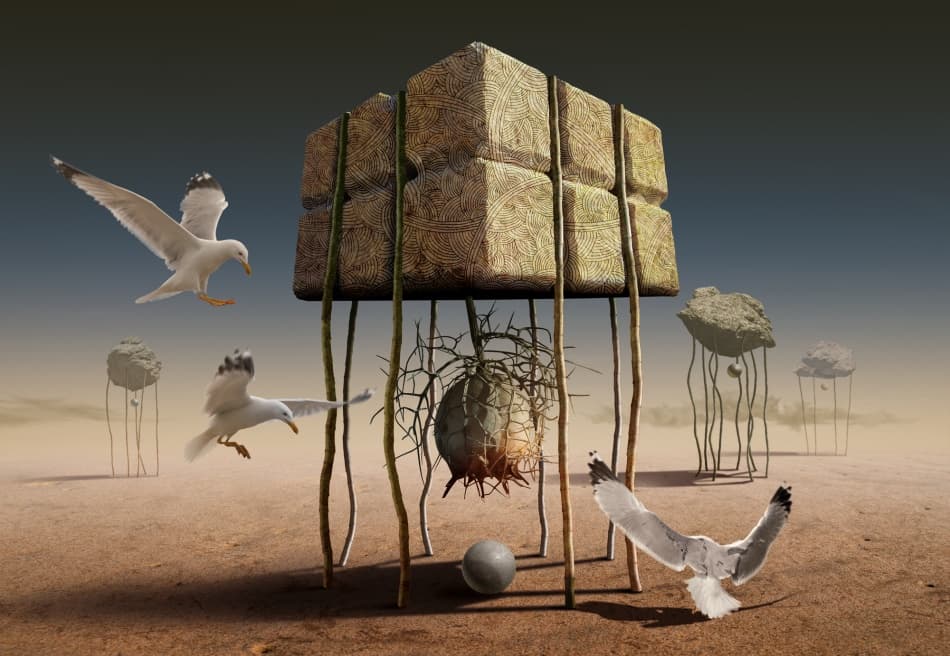 Seagulls Over Desert Structures by Radoslav Penchev — canvas wall art