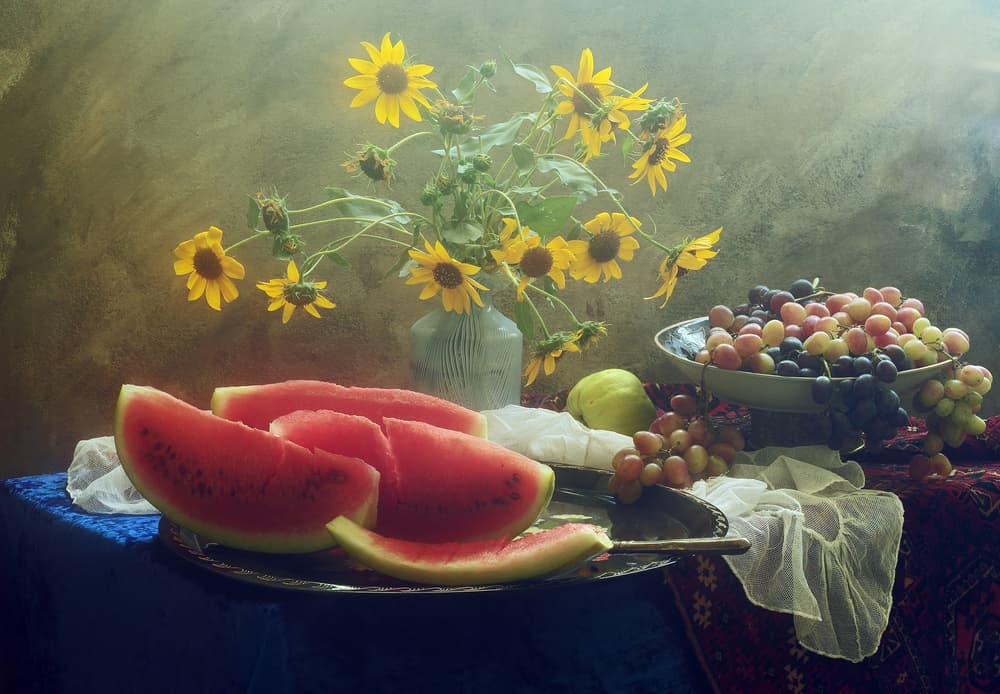 Sunflowers And Summer Fruit by UstinaGreen — canvas wall art