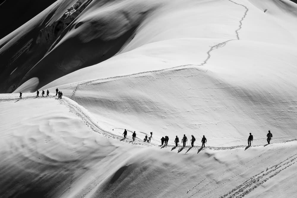 Hikers on Snowy Ridge by Maryse Dardaillon — canvas wall art