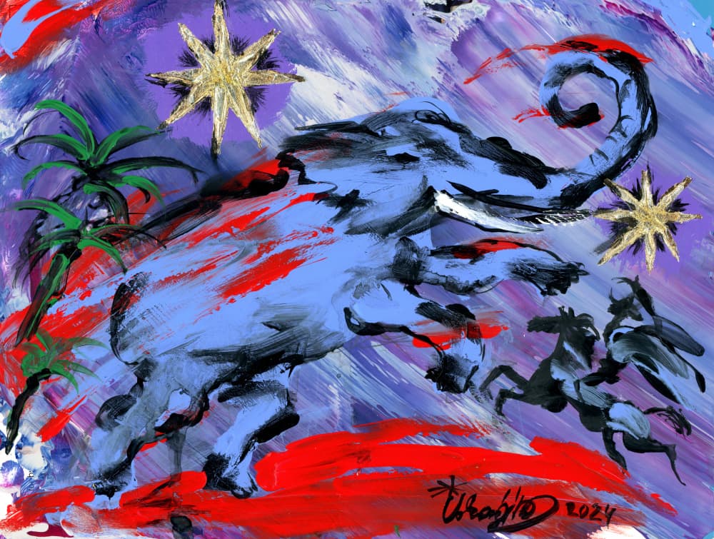 Blue Elephant and Stars by Kanat Ibragimov — canvas wall art