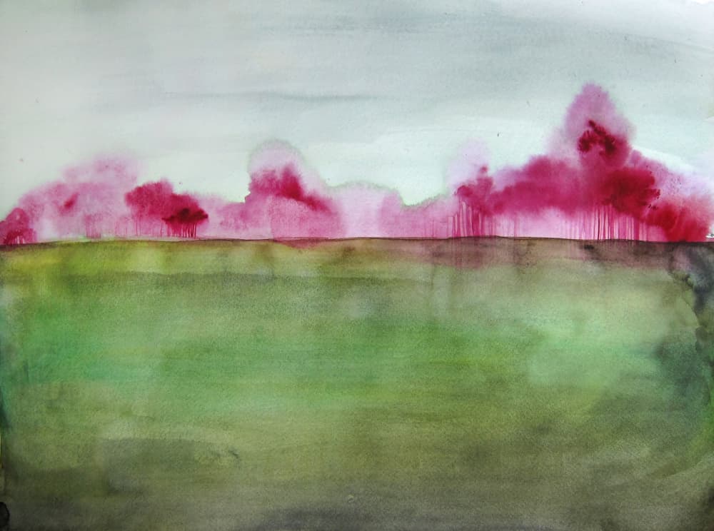 Green Field Red Trees by Christine Lindstrom — canvas wall art