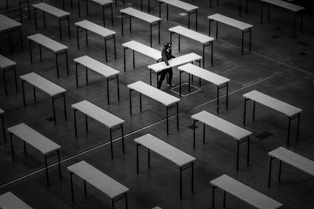 Organized Tables Empty Hall by Haruyo Sakamoto — canvas wall art