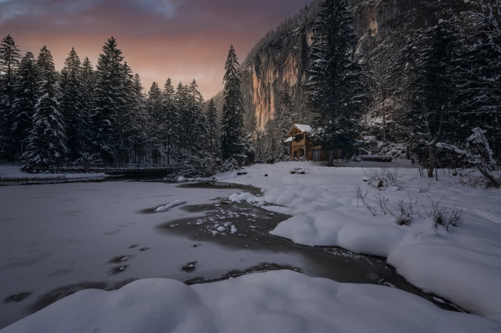 Mountain Cabin Winter Glow by David Martin Castan — canvas wall art