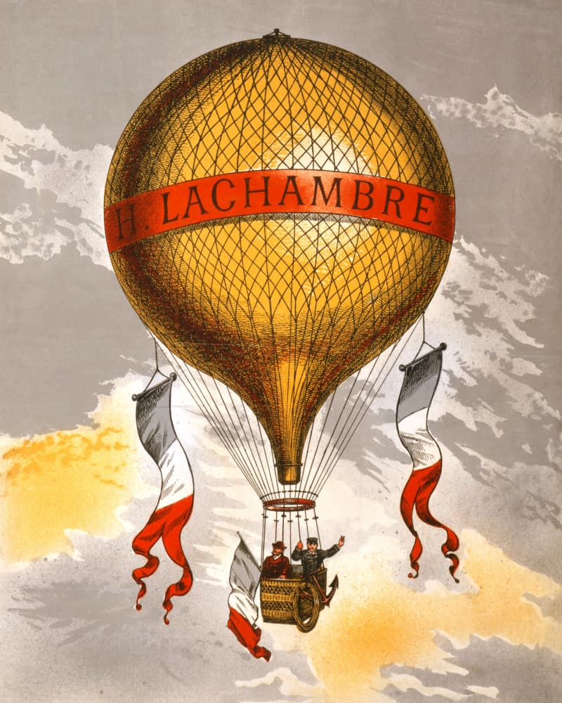 Balloon Labeled With Two Men Riding In the Basket 1880 by Vintage Travel Poster — canvas wall art