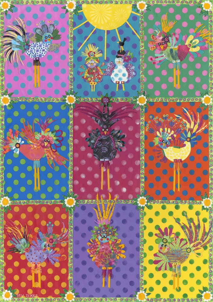 Colorful Whimsical Birds by Sev Ickes — canvas wall art