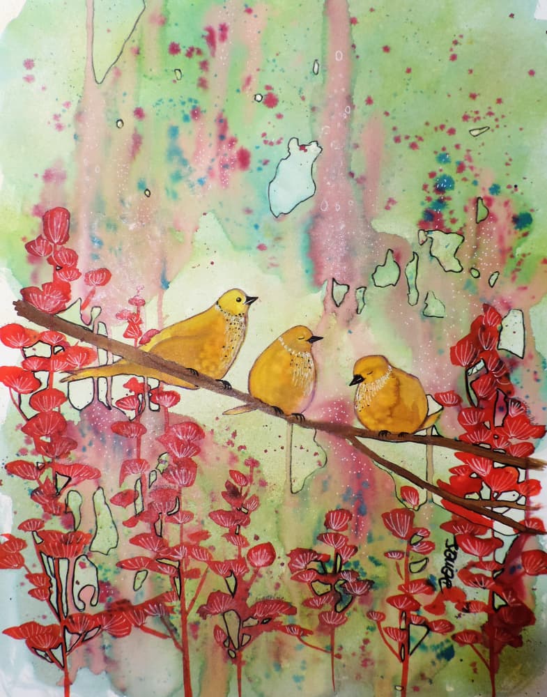Golden Birds Red Blooms by Sylvie Demers — canvas wall art