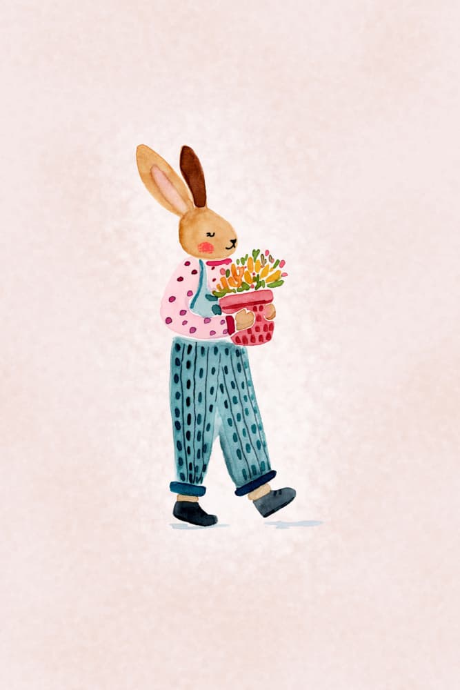 Whimsical Bunny with Flowers by Abigail Morales — canvas wall art