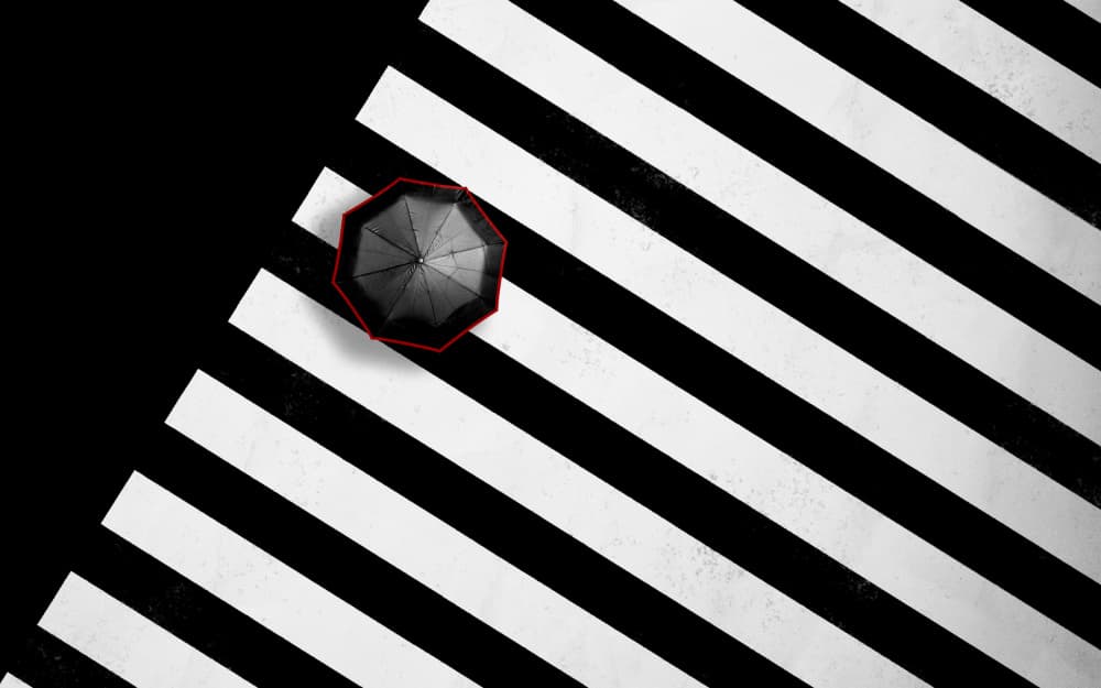Black Umbrella Crosswalk by Arastoo Qadermazi — canvas wall art
