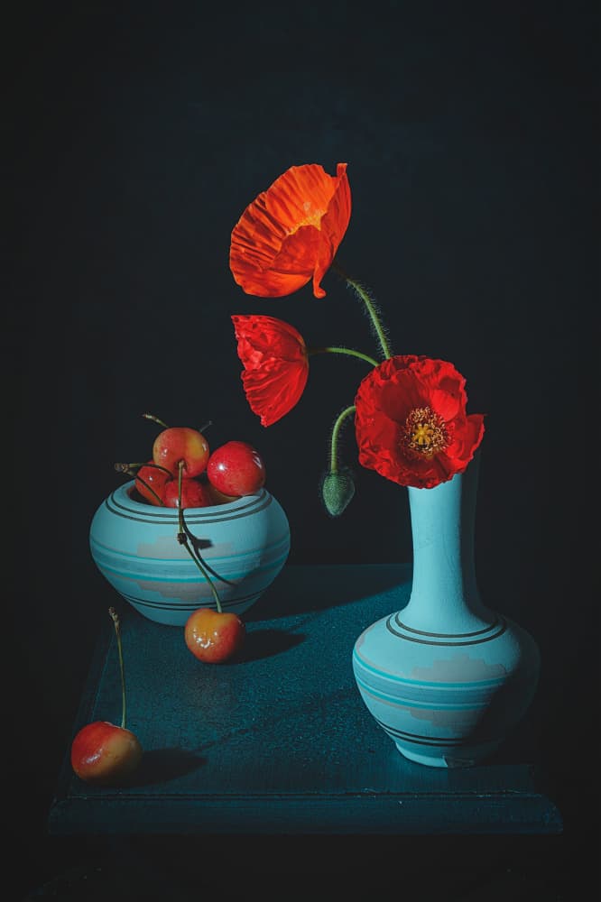 Red Poppies Cherries Still Life by Lydia Jacobs — canvas wall art