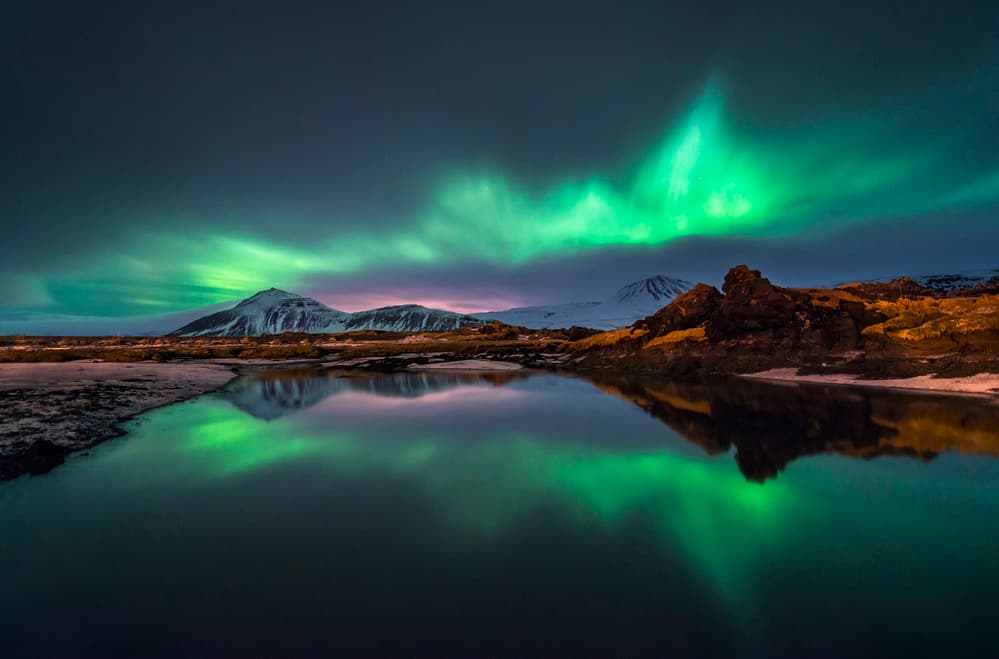 Northern Lights Mountain Reflection by Andrea Auf dem Brinke — canvas wall art