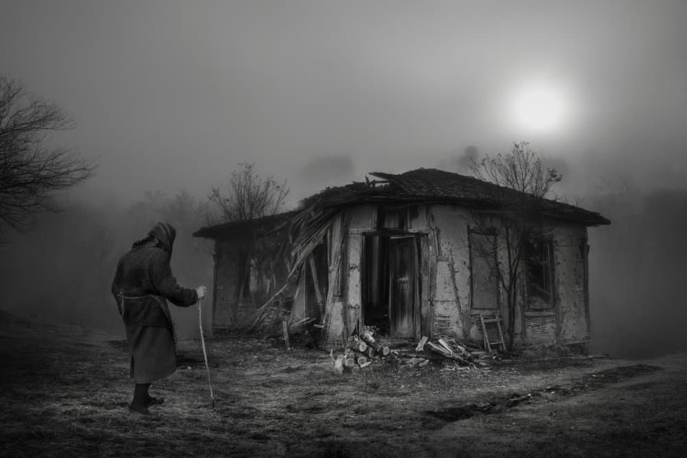 Solitary Figure Foggy House by Todor Tanev — canvas wall art