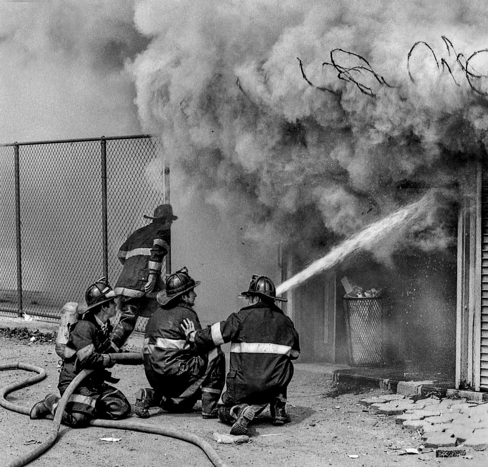 Firefighters Battle Blaze by Michael Castellano — canvas wall art