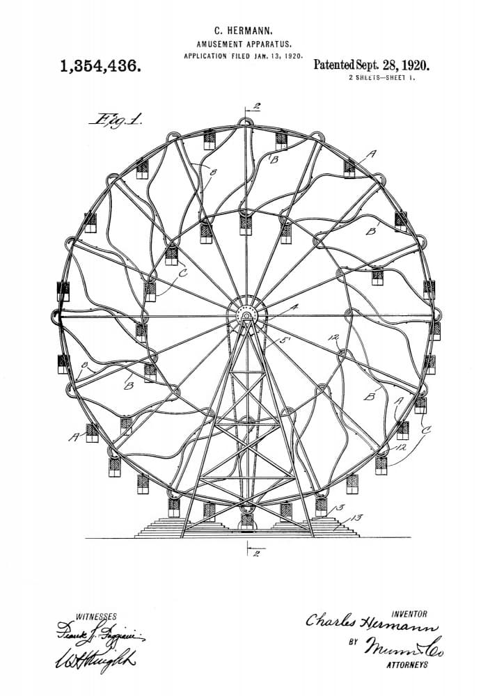 Vintage Ferris Wheel Patent by Andreas Magnusson — canvas wall art
