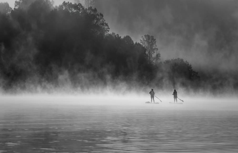 Misty Morning Paddleboarding by Hongyu Chen — canvas wall art
