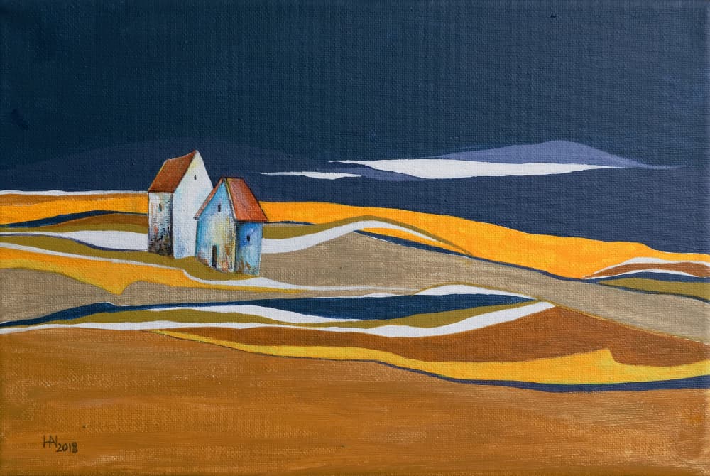 Two Houses Rolling Hills by Aniko Hencz — canvas wall art